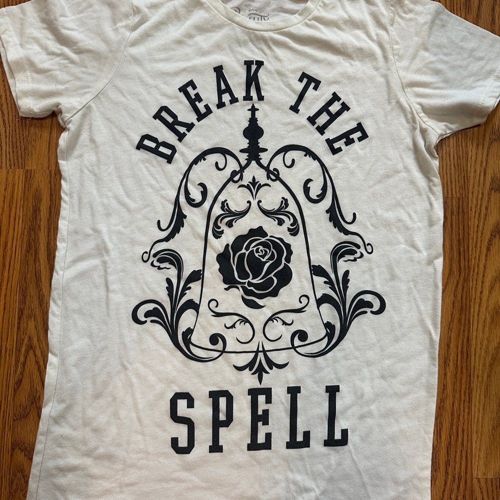 Disney White Short Sleeve Tee with Black 'Break The Spell' Rose Graphic